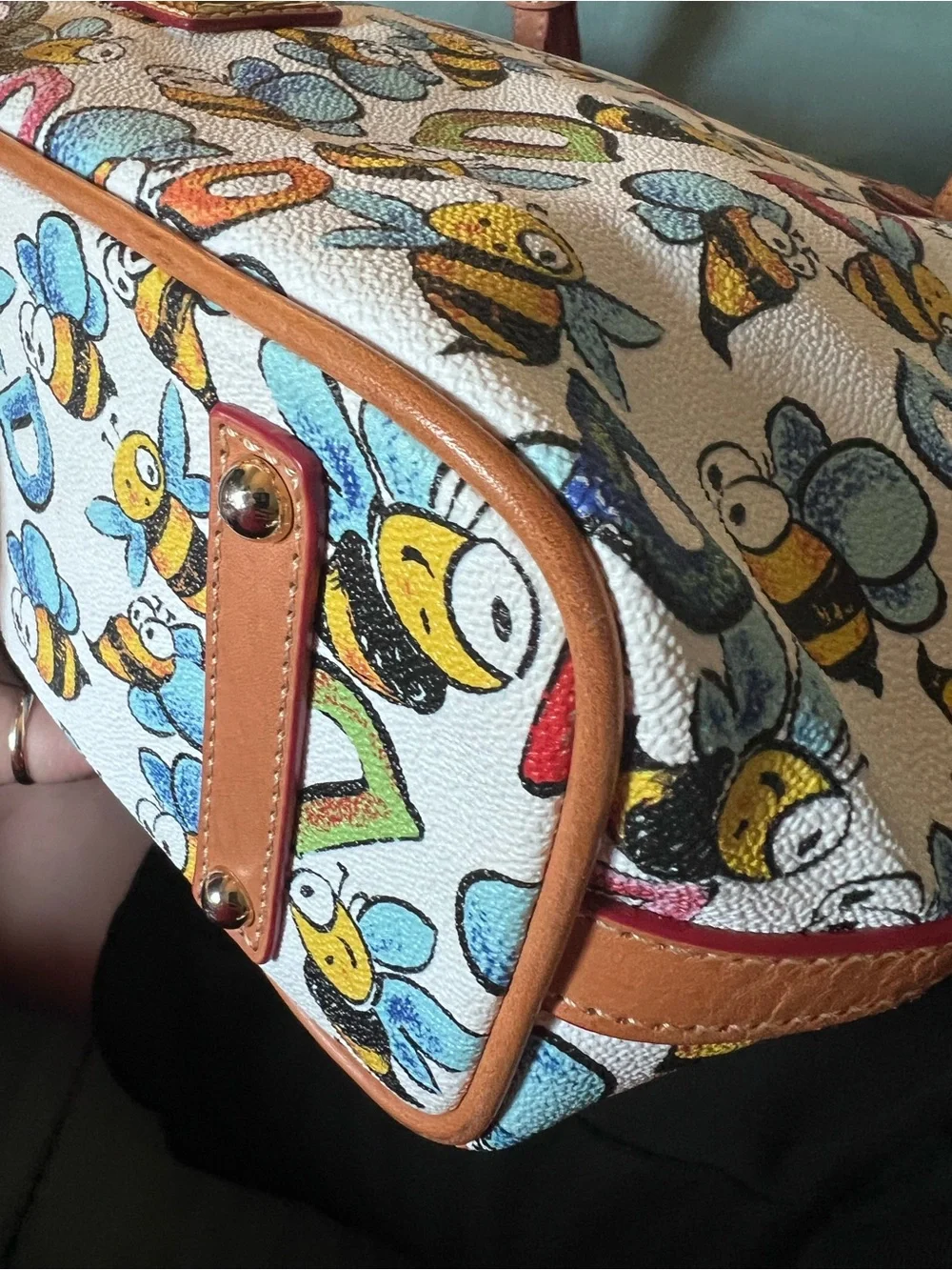 Dooney & Bourke White Bee Print Tote with Tan Trim - Picture 11 of 13
